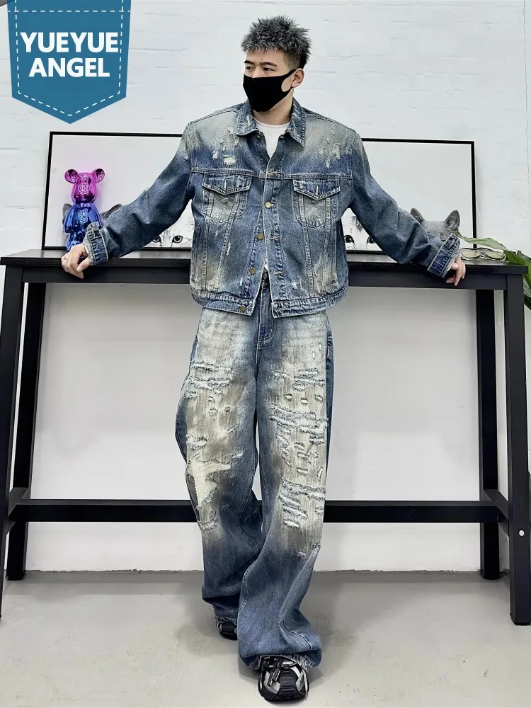 Spring Loose Fit Hip Hop Mens Short Demin Jacket Wide Leg Jeans Two Piece Set Vintage Design Hole Ripped Personality Mens Sets