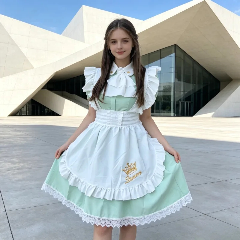 

Retro British Lolita Cos Set Exquisite Gold Crown Embroidered Apron Bubble Sleeves Shrinking Waist Temperament Female