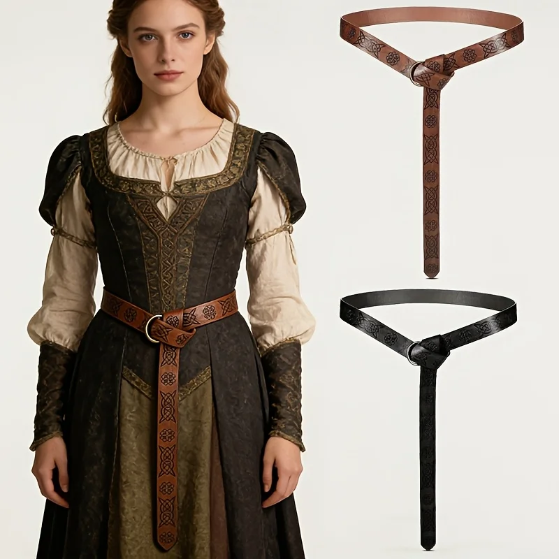 1pc Medieval Embossed Belt, PU Leather O-Ring Belt, Vintage Renaissance Knight Style Belt, Viking War Costume Accessory