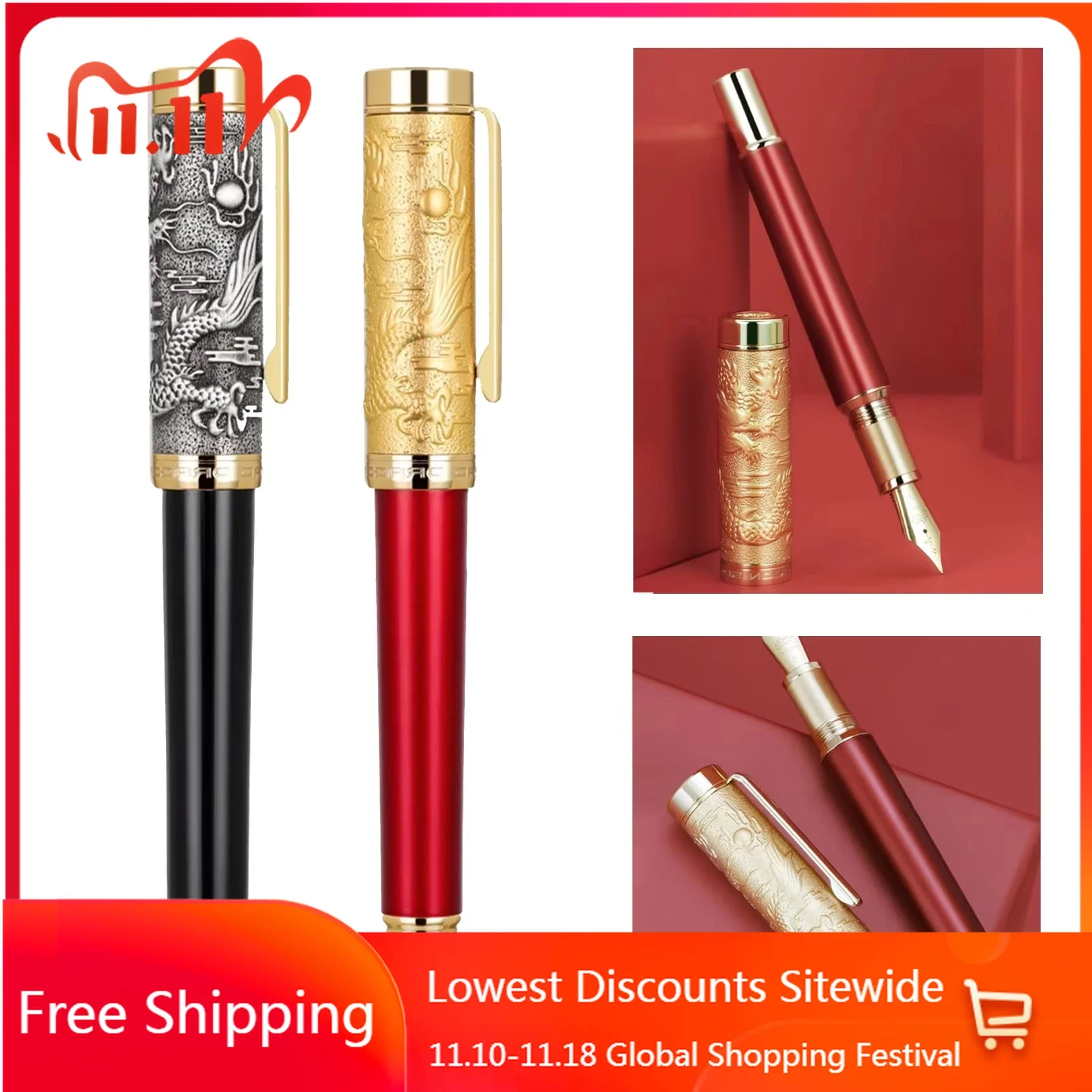 New Jinhao Limited Dragon Metal Fountain Pen E /F/M/Bent 0.38/0.5/0.7mm Curved Nib Writing Art Ink Pen Student Office Stationery