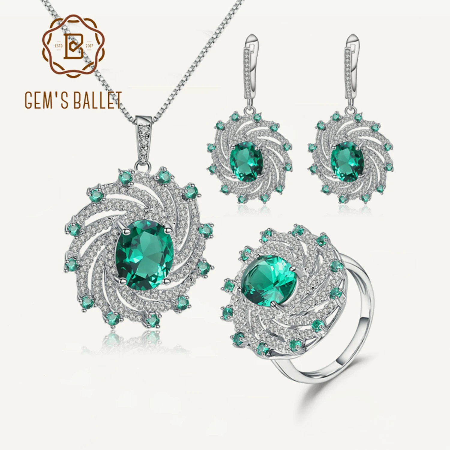 

GEM'S BALLET Luxury Nano Emerald-Green Vintage Jewelry Set 925 Sterling Silver Ring Earrings Pendant Sets For Women Fine Jewelry