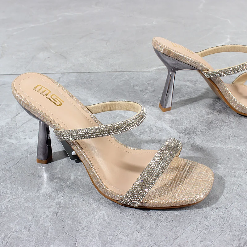 Women's Modern Shoes 2024 Summer New PU Crystal Rhinestone Gold Thin Heels Outside Fashion Party Women's Sandals