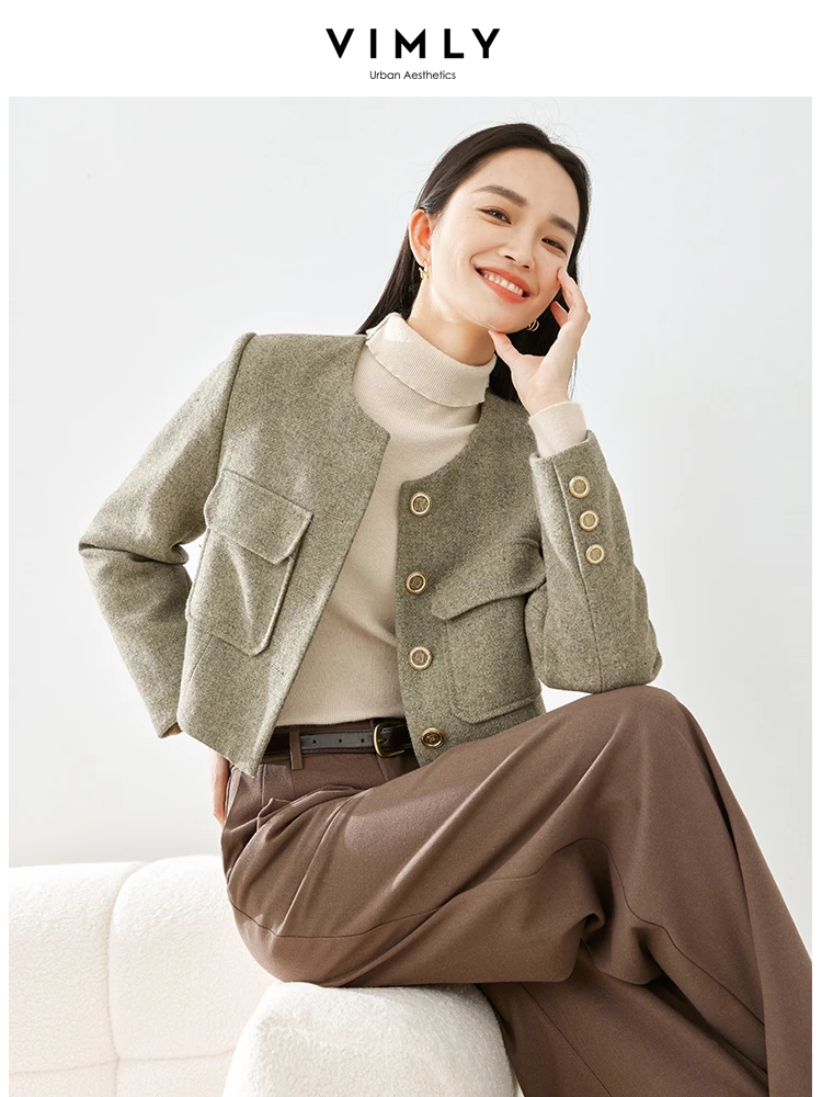 

Vimly Wool Blend Cropped Tweed Jacket Women 2023 Winter Thick Warm O-neck Long Sleeve Elegant Quilted Coats New Outerwears M5325