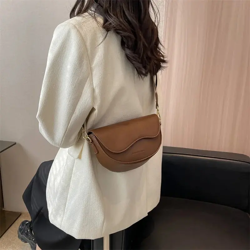 Women Vintage Solid Color Flap Small Saddle Shoulder Underarm Bag Fashion PU Leather Wide Strap Crossbody Bag