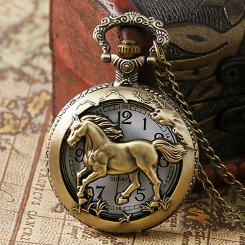 Bronzen Holle Paardenkwarts Analoog Zakhorloge Mannen Vrouwen Met Ketting Ketting Half Jager Antieke Stijlvolle Hangende Klok Geschenken