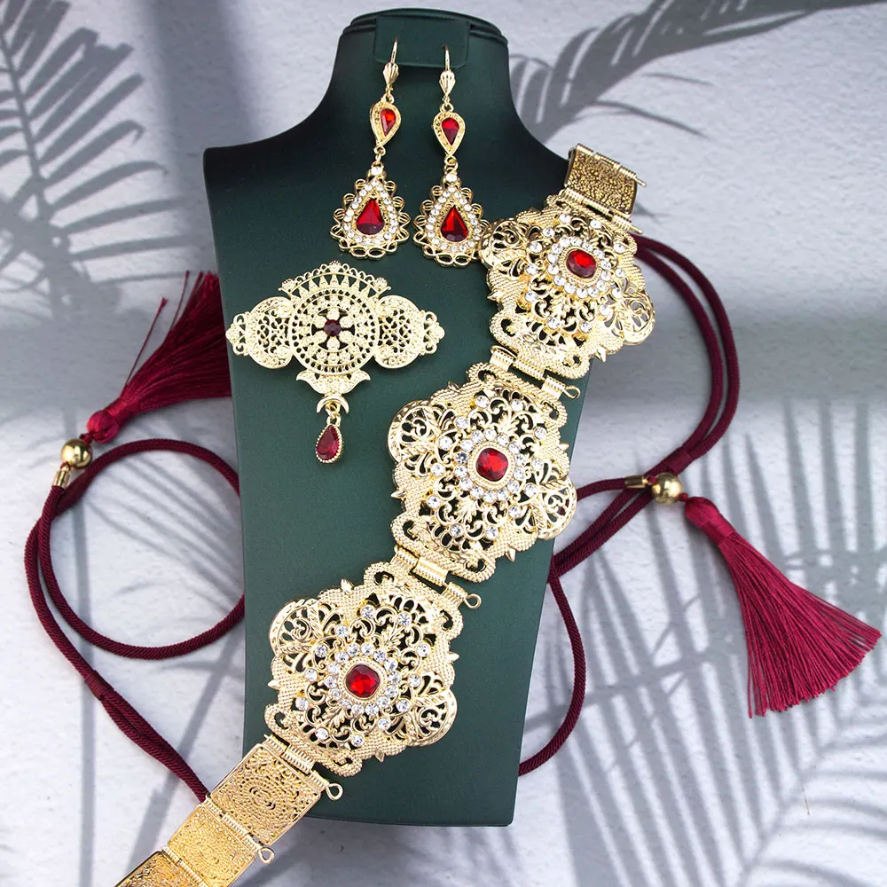 Sunspicems Algeria Morocco Bridal Wedding Belt Crystal New Year Jewelry Hand Rope Waist Chain Long Drop Earring Ethnic Brooch