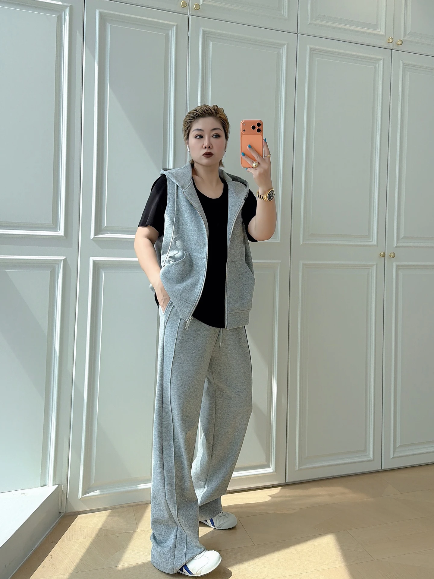 

plus Size Casual Spring Outfit Hooded Tank Top Wide Leg Pants Two Piece Set Comfortable High Waist Long Pants Polyester Blend