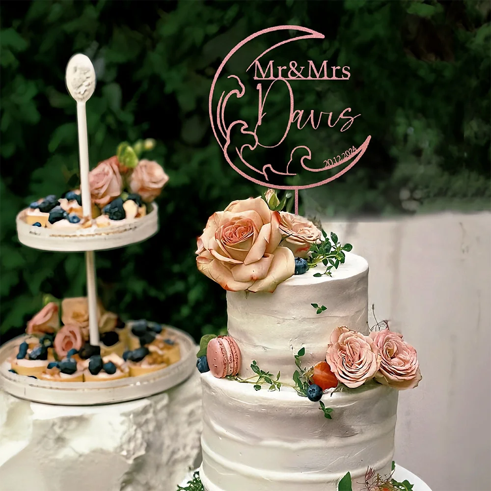 Adorno para tarta de boda personalizado, adorno para tarta de madera y acrílico para bodas, adorno para tarta personalizado de Mr Mrs, Luna celestial