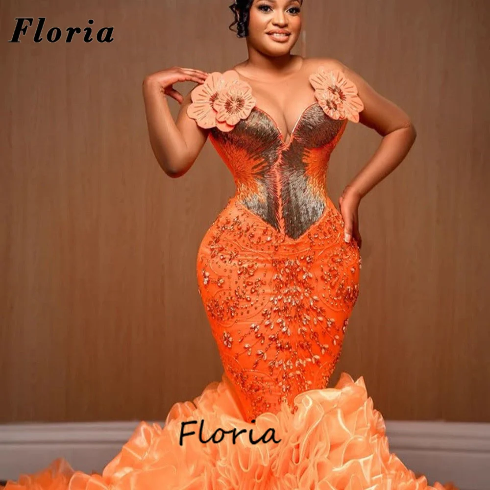 Afrikanische orangefarbene Meerjungfrau-Abendkleider, Stufenrock, Aso Ebi 2025, schwarze Mädchen, Perlen-Abschlussballkleid, Hochzeits-Party-Kleider, individuell gestaltet