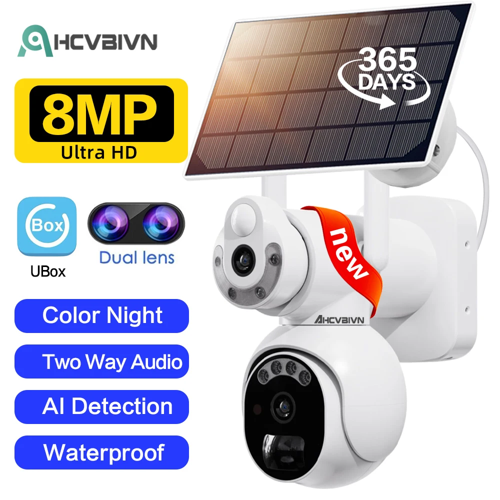 

8MP UHD Dual Screen Solar WiFi Camera 4K Outdoor Dual Lens Full Color PIR Detection Human Auto Tracking Solar Security Camera