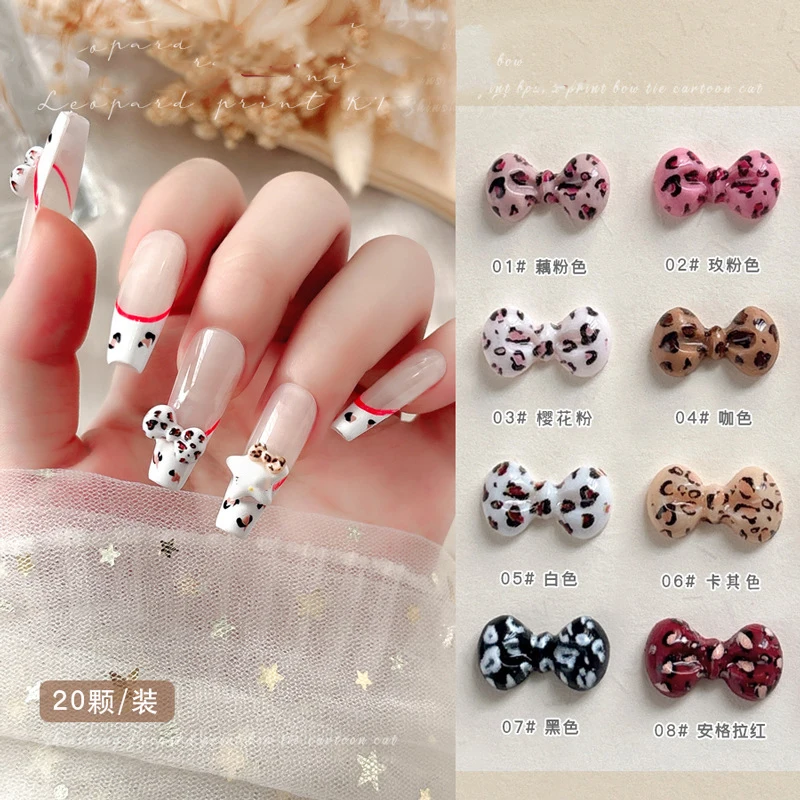 20pcs Leopard Print BowKnot Resin Nail Accessories Cat Cartoon Bow Tie DIY French Nail Drill for Manicure Nail Charms