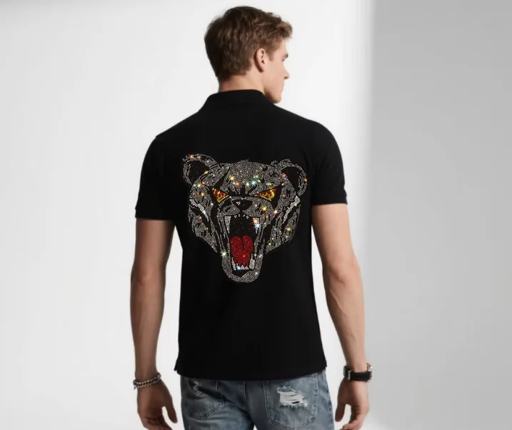 

Designer Brand Men's Fashionable Rhinestone Polo Stylishly Crafted and Trend - Following