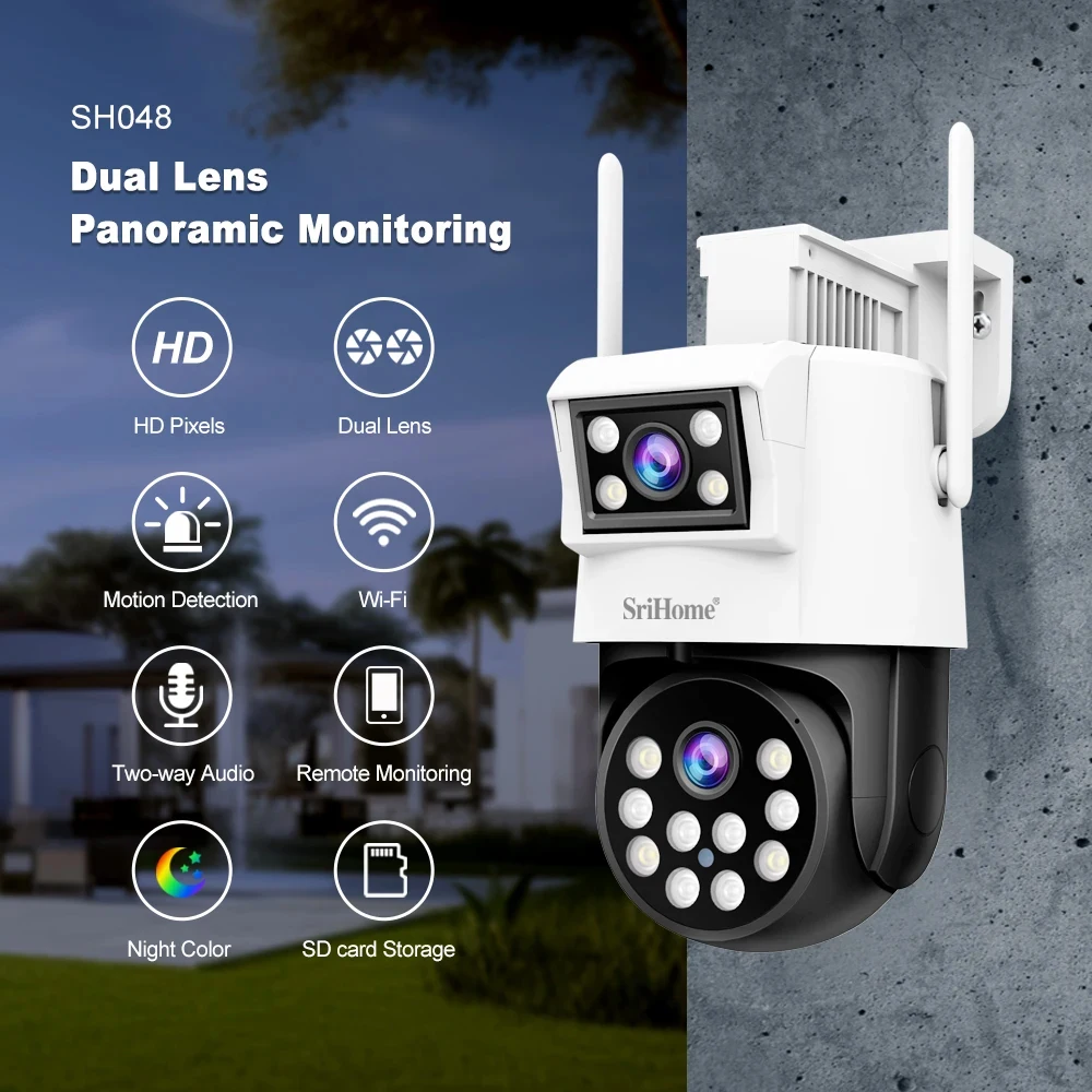 

Srihome 4MP HD WiFi Dual Lens IP Camera Outdoor PTZ Cam AI Auto Tracking Security Video Surveillance CCTV Cam Cameras SH048