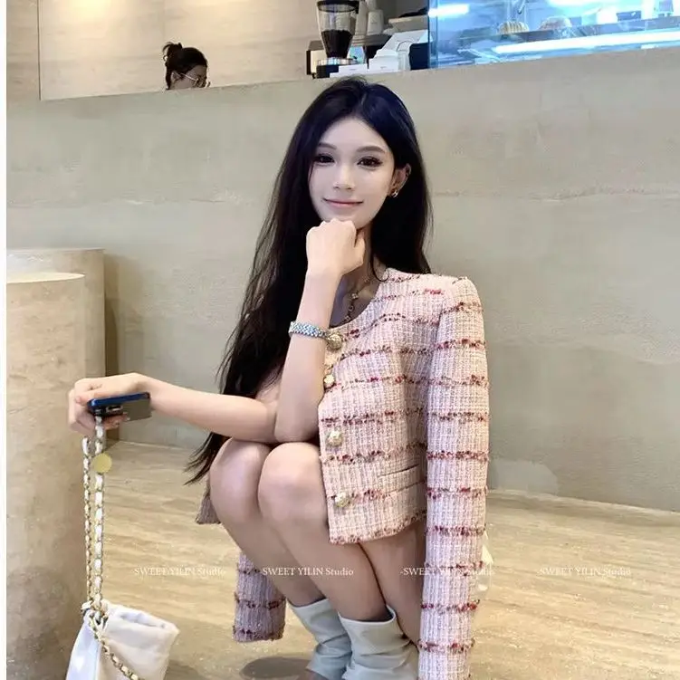 French Girl Pink Small Fragrance Short Jacket 2025 Autumn Winter New Temperament Celebrity Versatile Short Top