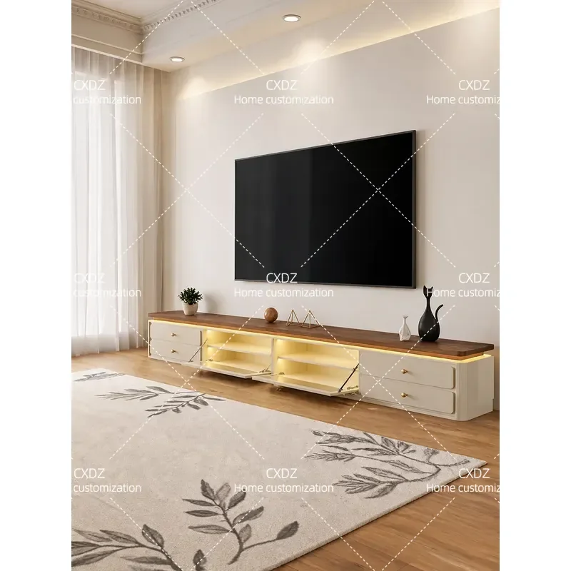 Cream Antique TV Cabinet Storage Locker Integrated Small Apartment Living Room Coffee Table Combination
