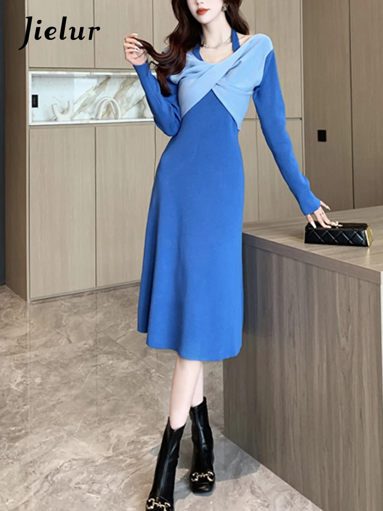 

Jielur Autumn New Halter Contrast Color Women Dress Sweet Ladies Sexy Dress Woman Black Red Apricot Blue Knitted Dress Female