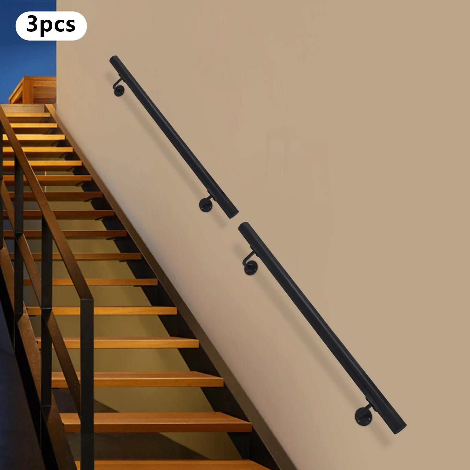 

Black Stainless Steel 10FT Cylindrical Stair Handrail Load 200 Pounds Wall Railing Anti-skid Guardrail