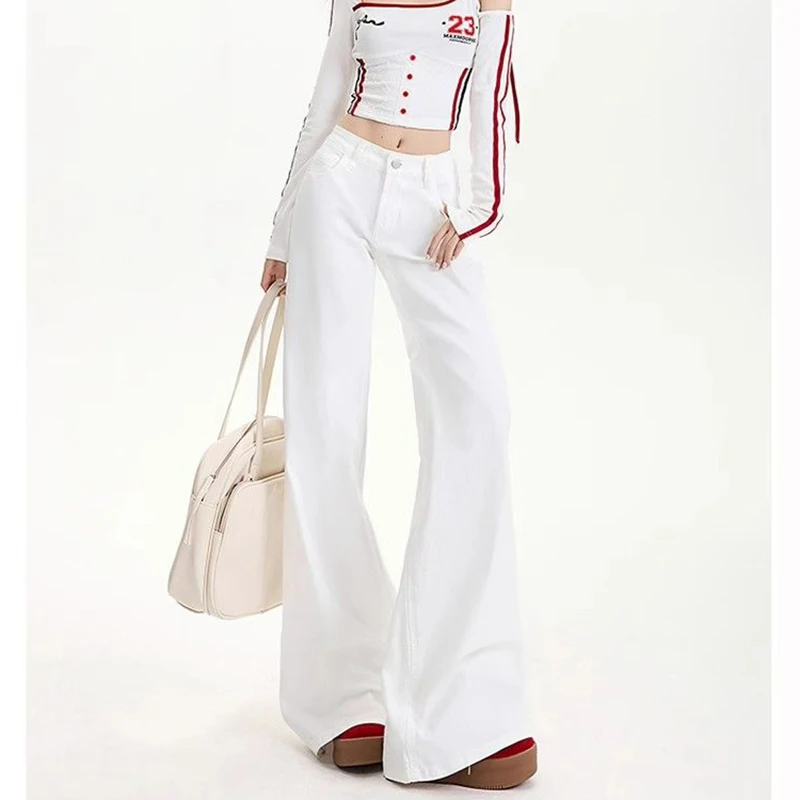Hot Sale Girls White Flared Jeans Women Korean Classic Low Waist Solid Denim Trousers Lady Comfortable Slim Fit Pants