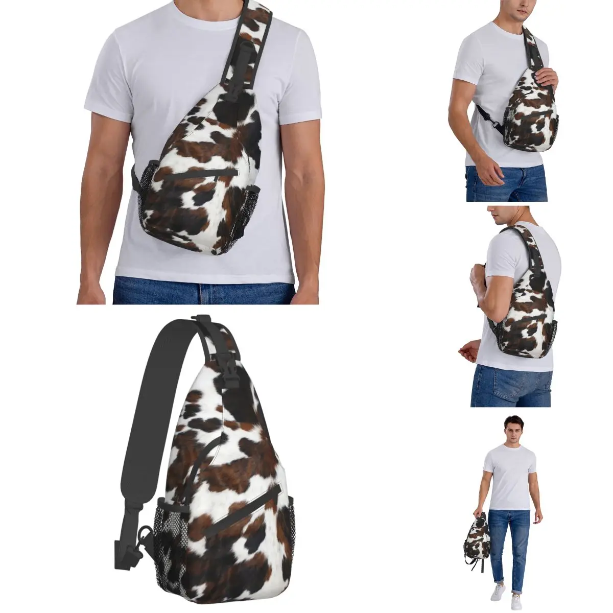 Cowhide Tan Texture Crossbody Sling Bags Small Chest Bag Animal Fur Leopard Shoulder Backpack Daypack Hiking Travel Bookbag