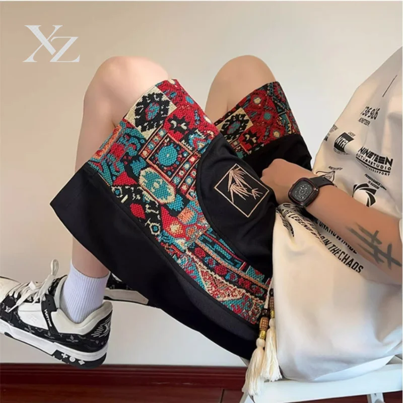 Opening Sale |Chinese Style Embroidery Shorts Men Ethnic Geometric Print Patchwork Drawstring Tassel Casual Loose Fit 5 Inch Sum