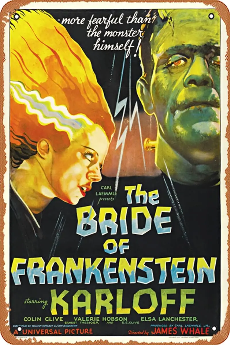 Metalldose Retro – Bride of Frankenstein, gerahmtes Horrorfilm-Poster, Wandkunst – Blechschild, Poster, Wandkunst, Vintage-Plakett für B