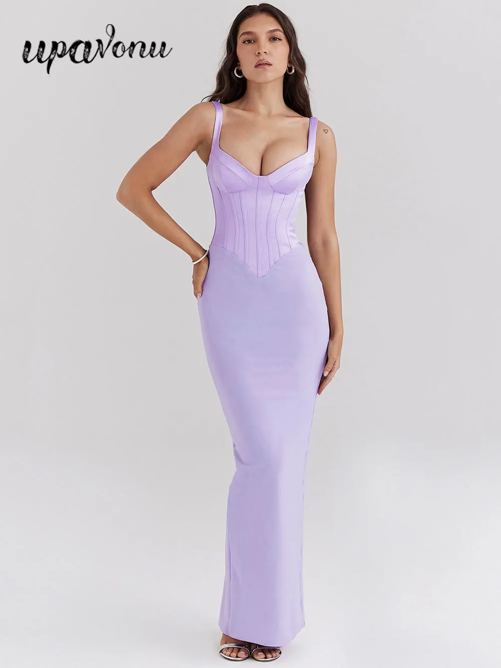 

2024 Women's Light Purple Satin Elegant Dress Camisole Sleeveless Bodycon Backless Long Dresses Cocktail Evening Party Vestidos