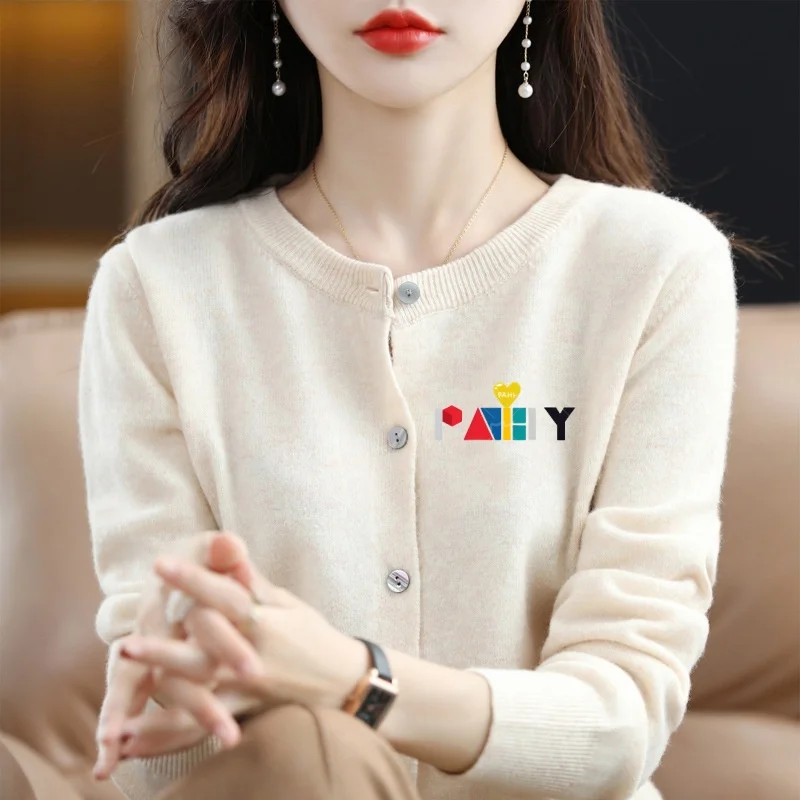 Fashion Long Sleeve 100% Pure Merino Sweaters Wool Spring Autumn Cashmere Women Knitted O-Neck Top Cardigan Clothing Tops