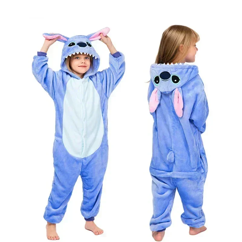 Kawaii Disney Stitch Plush Pajamas Winter Warm Cartoon Cosplay cute Home Jumpsuit Pajamas Set Boy Girls Birthday Christmas Gifts