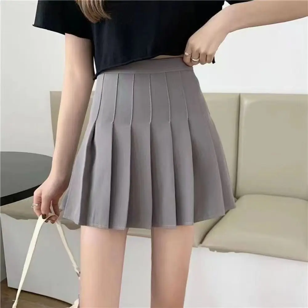 Neuer Preppy-Stil Plissierter Rock Einfarbig Übergröße Hochtaillierter Rock Minirock Schulmädchen – Detail 10