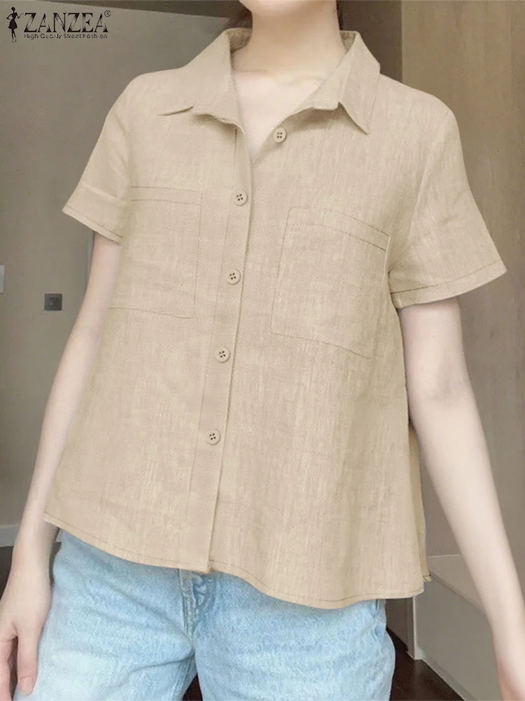 

2025 Vintage Solid Shirts Women Short Seeve Tops ZANZEA Fashion OL Work Tunic Casual Loose Pullovers Oversized Blusas