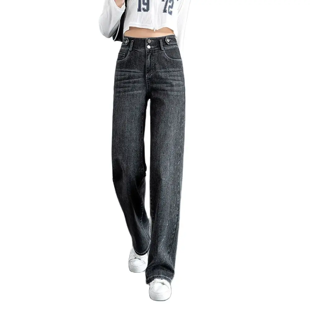 2024 Spring New Women Straight Cotton Denim Jeans Loose Scratched Wide-legged Stretch Bleached Long Autumn Pants Oversize S 3XL