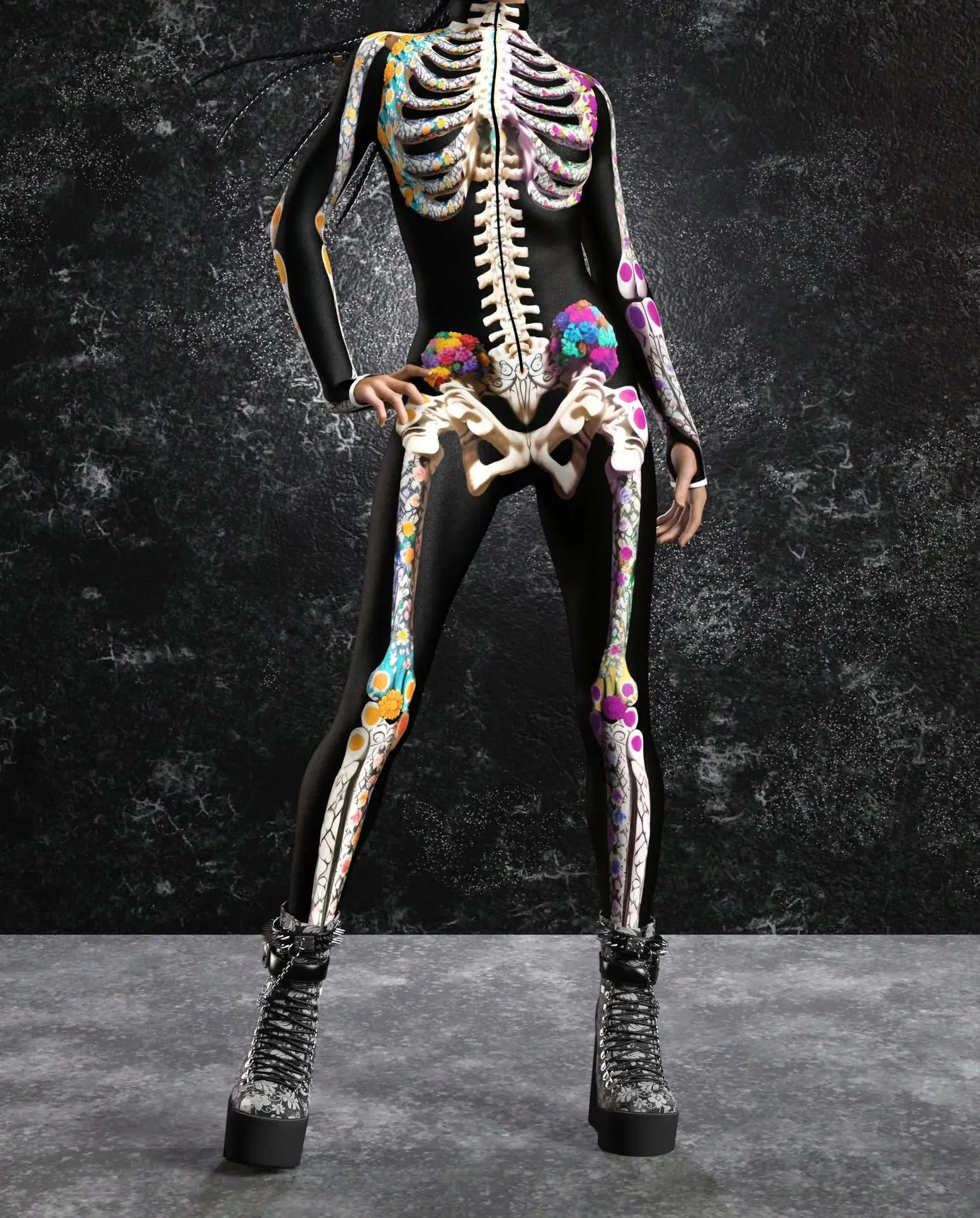 Halloween-Horror-Party Damen Sexy Mehrfarbiger Totenkopf-Print Jumpsuit Kleidung für Feiertagspartys, Maskenbälle und Bühnenauftritte – Detail 21