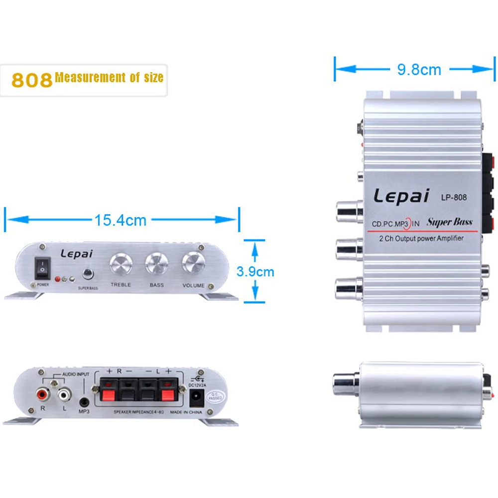 

Amplifier Stereo Audio Treble, Bass, Balance, Volume control LP-808 with USB Port FM Car Auto Mini MP3 12V Silver