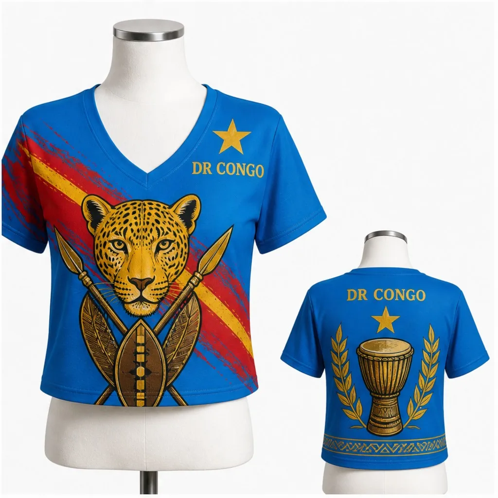 Womens DR Congo V Neck Short Sleeve Crop Top Leopard Mask Drum Tribal Print Casual Summer Shirt for Street Travel Holiday Outing