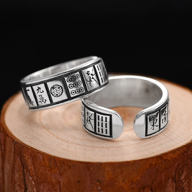Fashionable and specially designed mahjong tiles with adjustable opening rings, men's and women's retro punk trendy jewelry