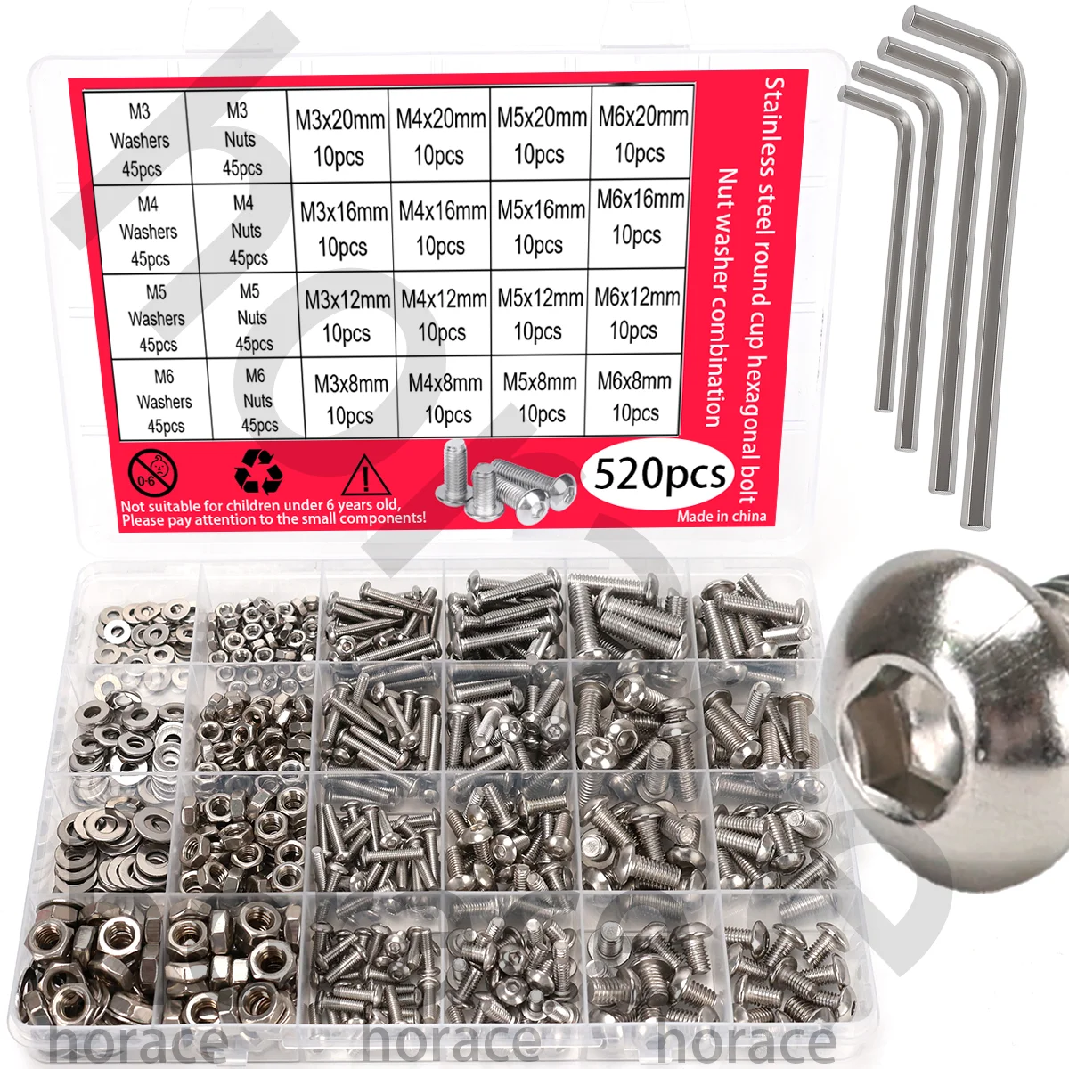 520PCS Stainless Steel Bolts, Cup-Head Socket Head Bolt Combination Set - M3, M4, M5, M6, Round Cup Socket Head Bolts