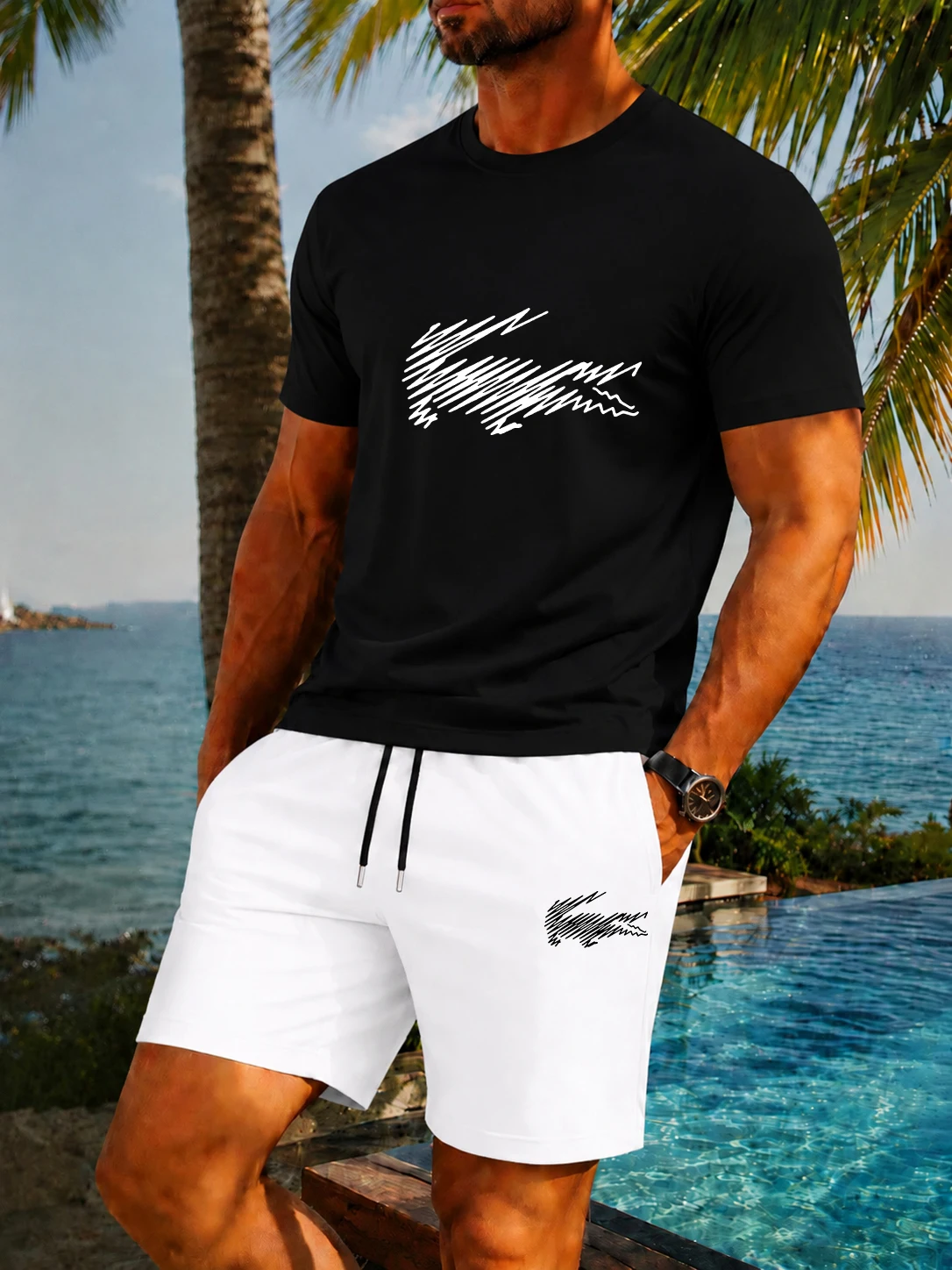 

2026 New Breathable T-Shirt Set Men Trendy Sketch Crocodile Print Tee Shorts 2Pcs Loose Summer Casual Tracksuit