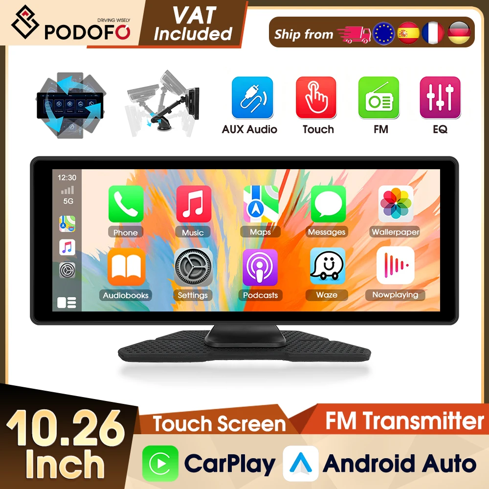 Podofo 10.26" Autoradio con Schermo a Specchio, Lettore Multimediale Video, Carplay Wireless Universale, Android Auto, Bluetooth, WIFI, EQ, FM, USB, Dash Cam