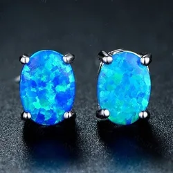 2023 New Cute Female Blue Fire Opal Stud Earrings Boho Silver Color Wedding Jewelry Small Round Double Earrings for Women Girls