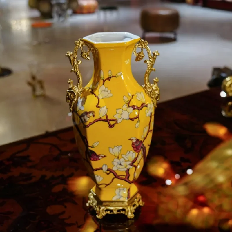 SS43 European porcelain inlaid copper, yellow vase decoration, classical home accessories, tabletop porch ornament