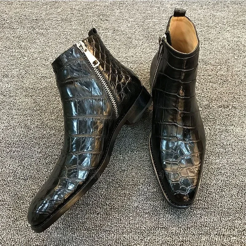 Black Brown Crocodile Print Square Toe Ankle Boots Fashion Side Zipper Men Boots Luxurious Handmade Party Office Men Dress Shoes