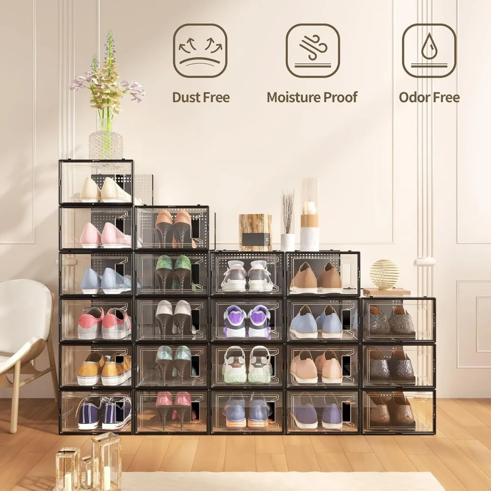 12 Pack Large Clear Plastic Shoe Storage Boxes, Stackable Modular Organizers with Lids for Closet Space Saving