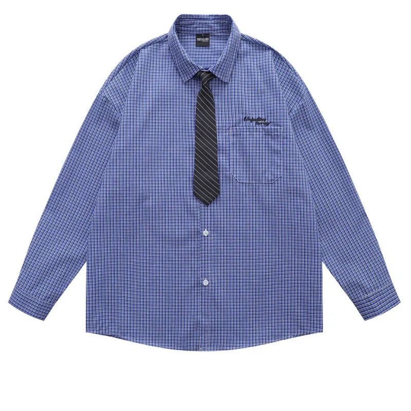 Japanese retro letter embroidered checkered long sleeved shirt for men and women, college style couple, loose casual tie shirt