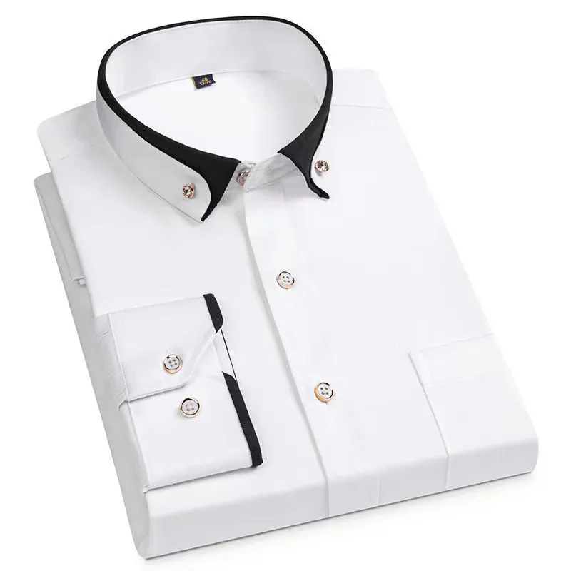 New Men\'s Long-sleeved Shirts Iron-free Elastic Crystal Button Collar Polyester Top Smart Dress Fashion Business Casual Shirts