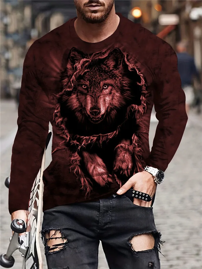 Tie-dye Animal Wolf Pattern Men's T-Shirts Long Sleeve 3D Printed Street Male Tee 6XL Plus Size Spring Autumn Casual Tops