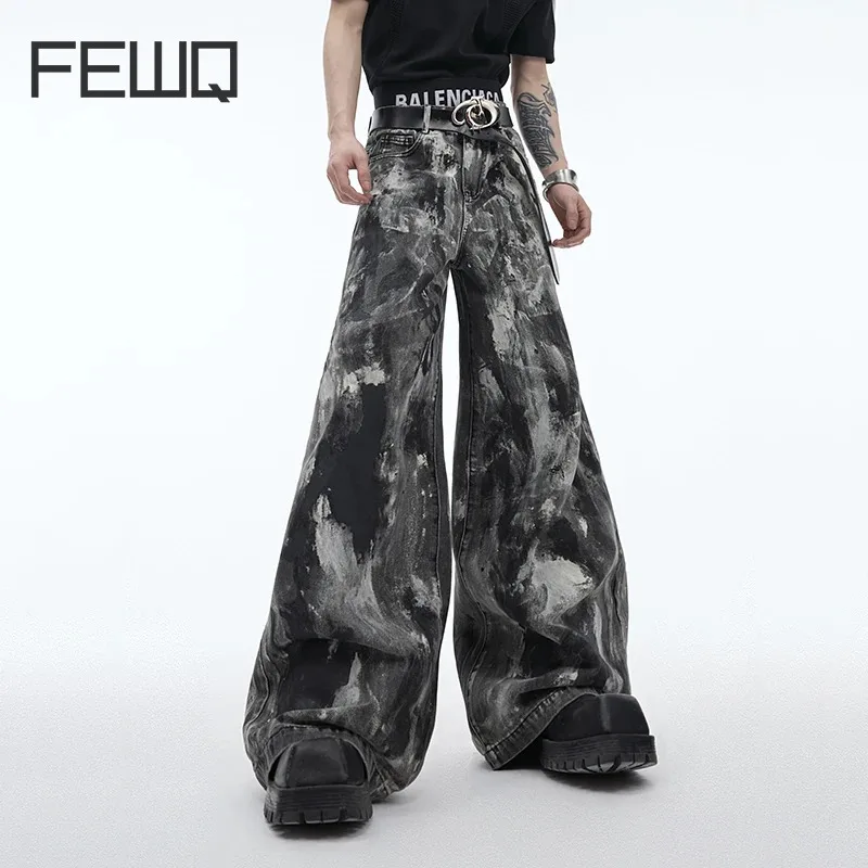 

IEFB Streetwear Men's Denim Pants Distressed Loose Fitting Jeans Spray Dyed Waxed Design Personalized Clothing Vintage 24Y154