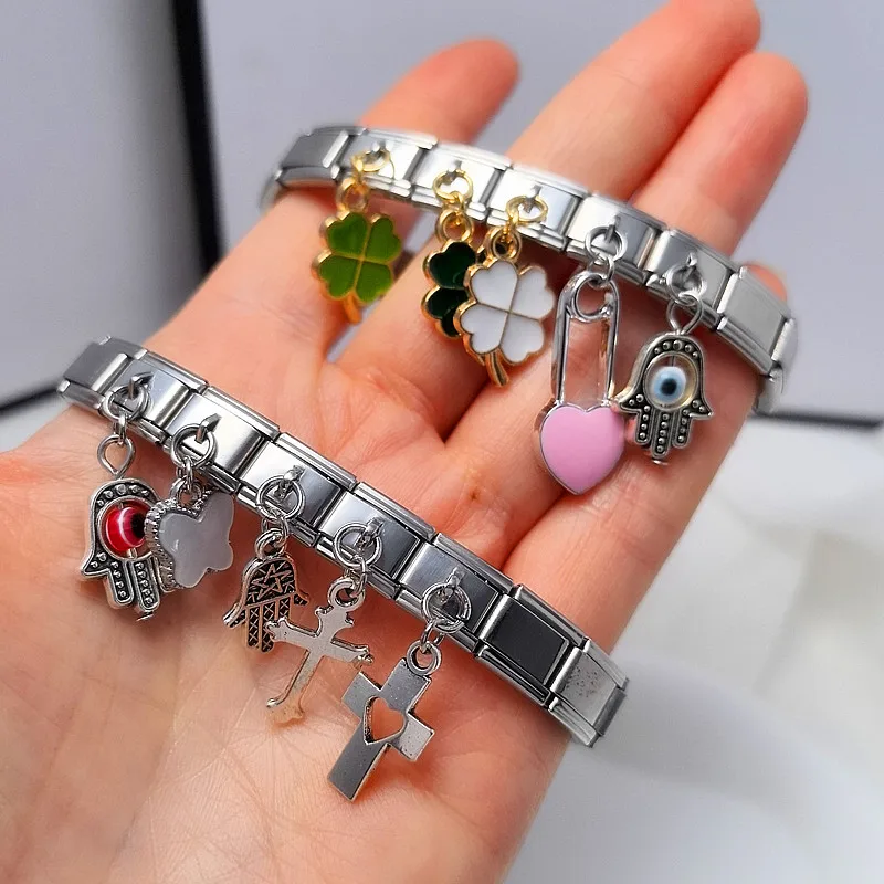 Fashion Clover Cross Eyes Palms Heart Butterfly Italian Bracelet Charm Links Fit 9mm Stainless Steel Bangle Making DIY Jewelry