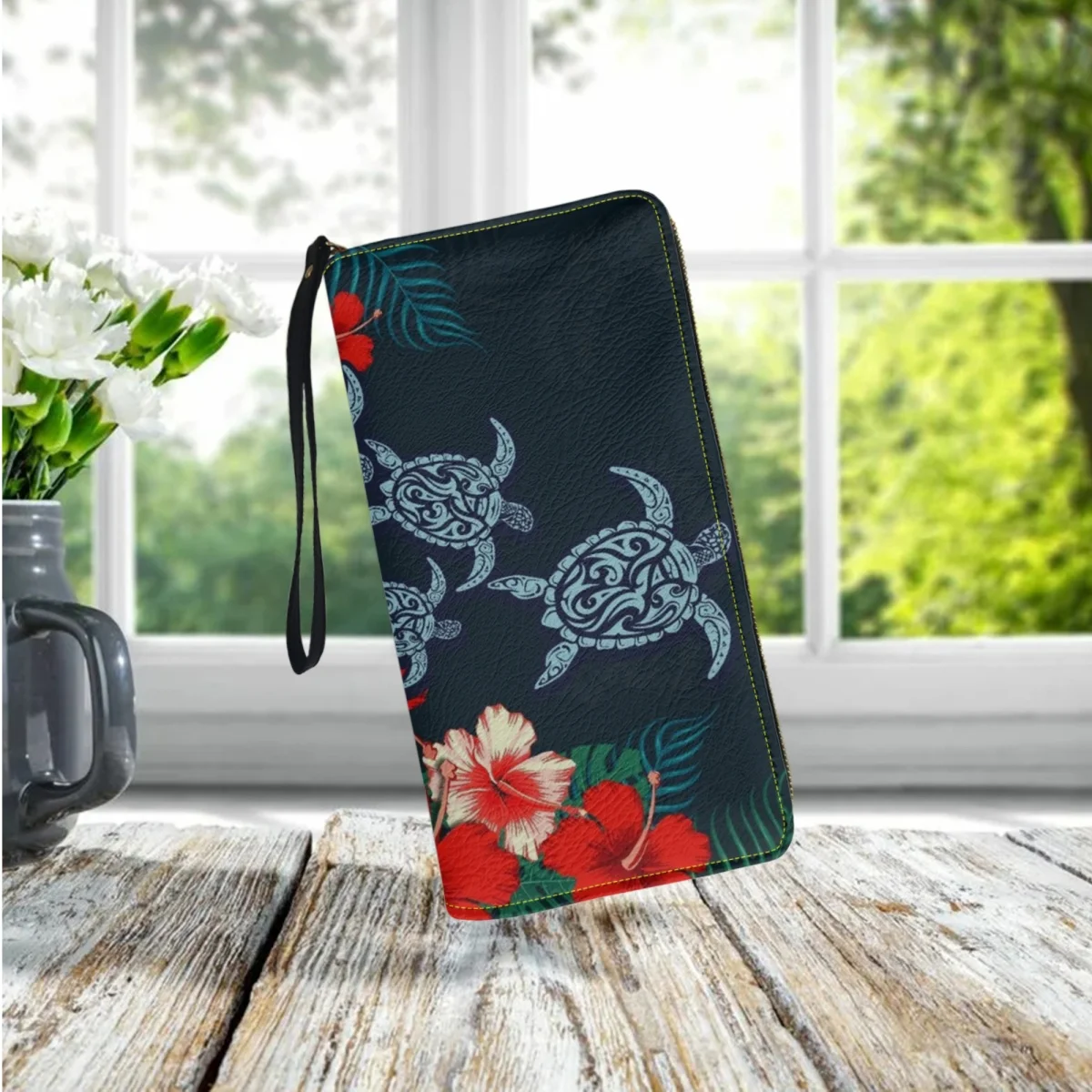 Turtle Hibiscus Flower Printed Coin Purse Polynesian Wristband PU Leather Commuter Business Card Holder Travel Wallet Female