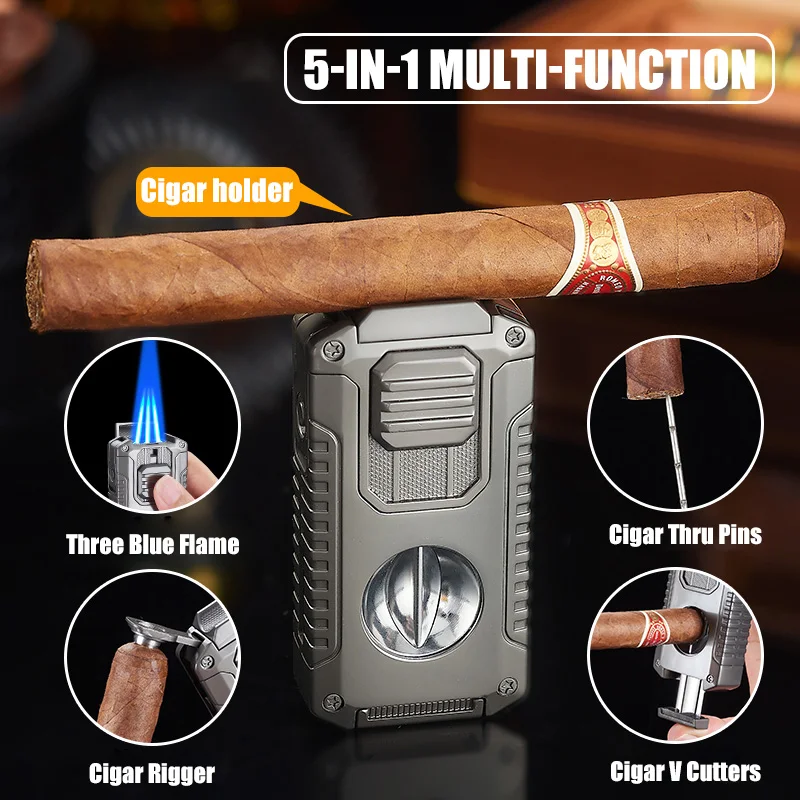 

Multi-functional Cigar Lighters Powerful Three Blue Flame Cigar Cigar Holder Multi Cigar Tools 5 in 1 Pull Down Ignition Gift