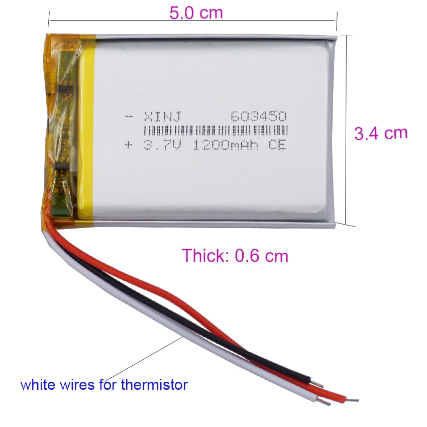 3.7V 1200mAh 4.44Wh JST 3Pin NTC Thermistor Li-Polymer Replacement Lipo Rechargeable 3 Wires Battery 603450 For GPS Camera LED